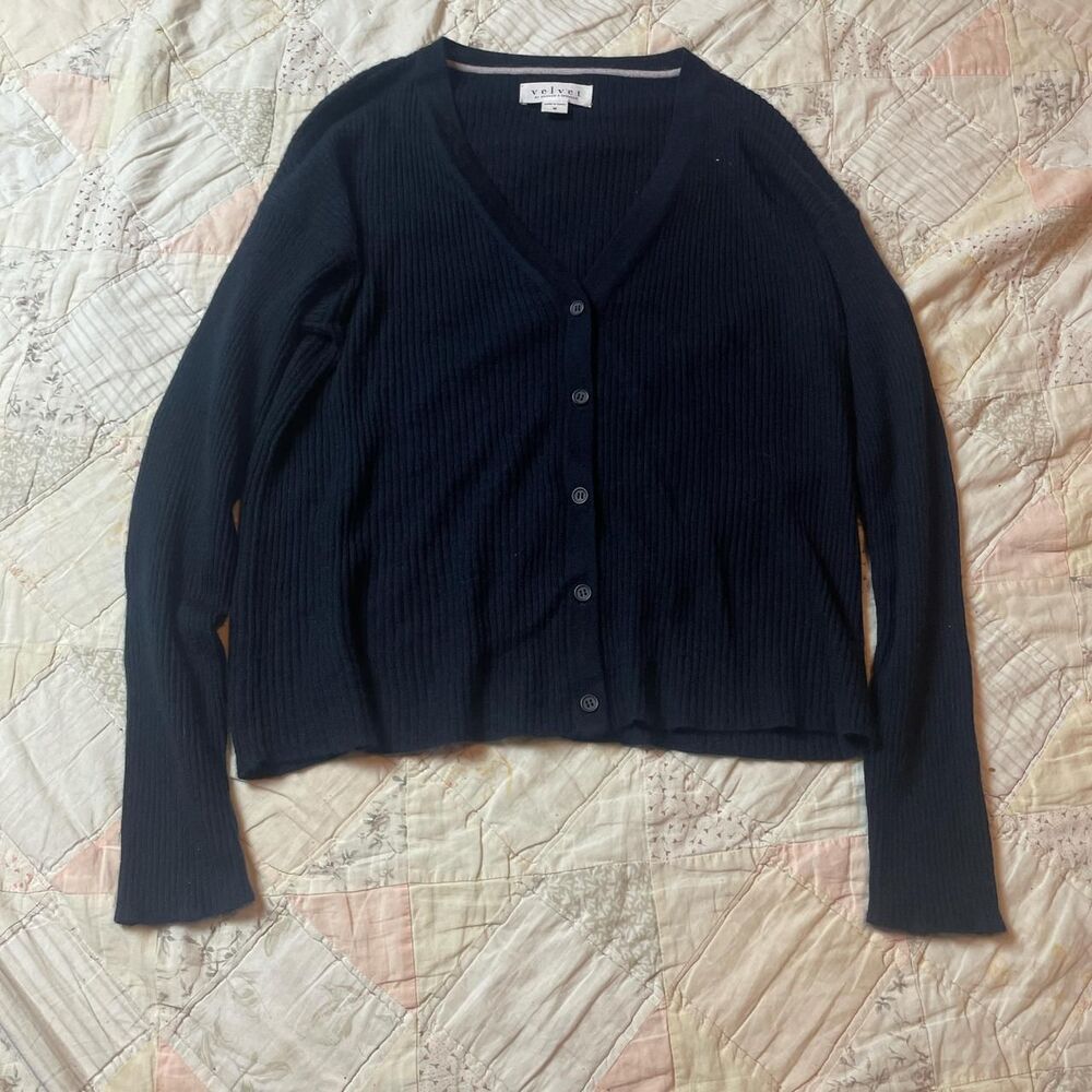 anthropologie velvet 100% cashmere navy blue sophisticated cardigan size medium